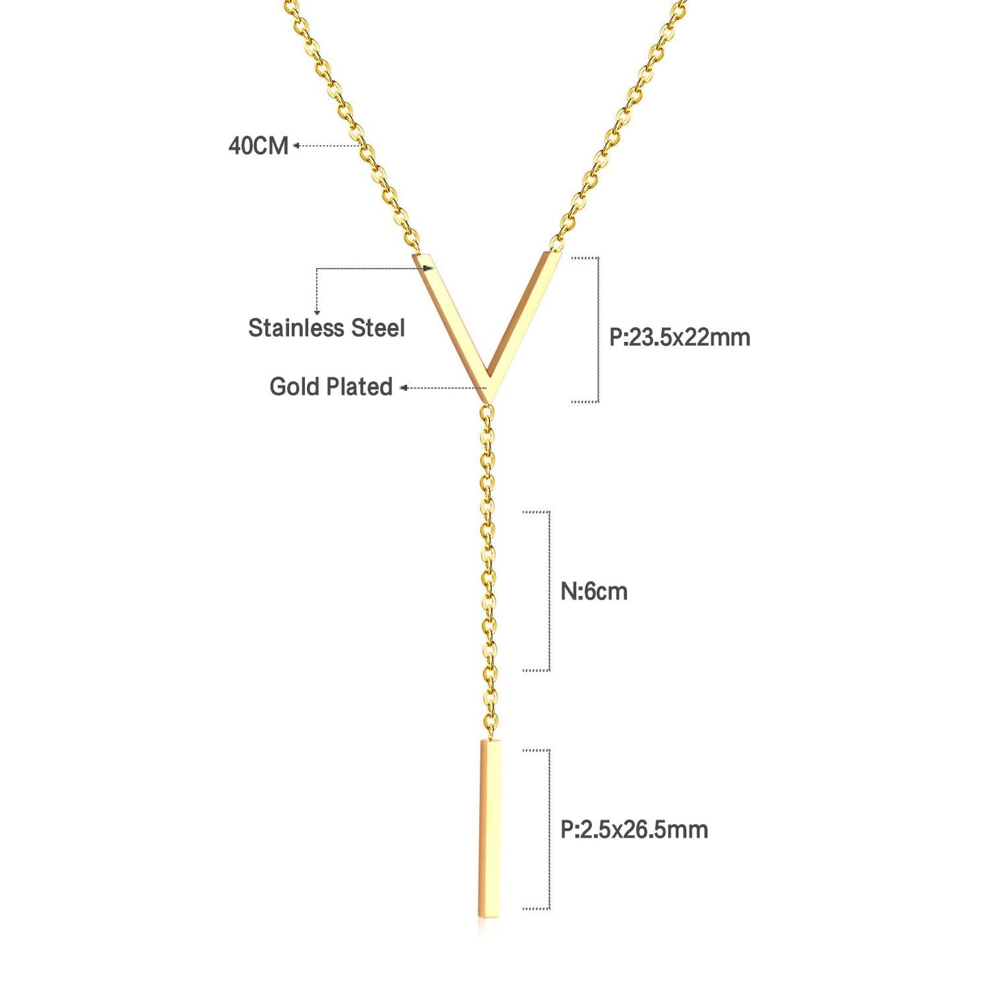 ASON Gold Color Stainless Steel  Choker Letter V Link Chain Cuboid Pendant Necklaces For Women Fashion Jewelry Wholesale