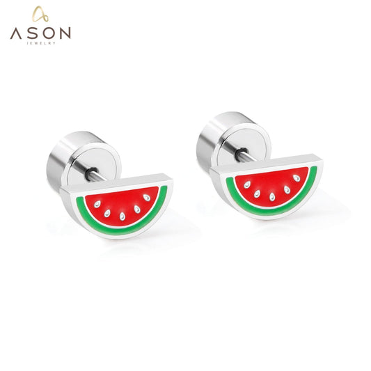 ASON Sweet Watermelon Children's Small Stud Earrings Silver Color Stainless Steel Cartoon for Girl Women Jewelry Piercing