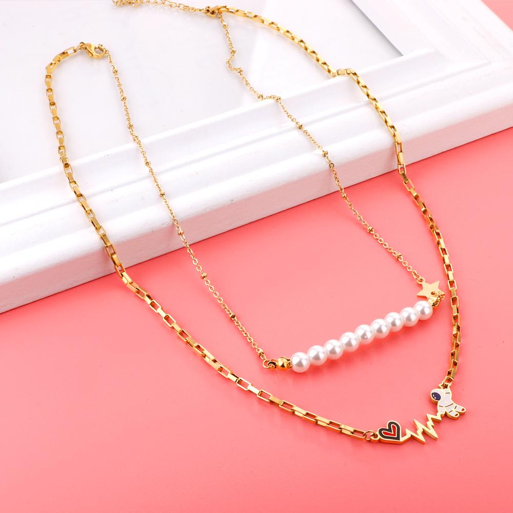 Vintage Necklace Collars Heart Star Astronaut Pendants Layers Jewelry No Fade Box Chains Necklace Female Party