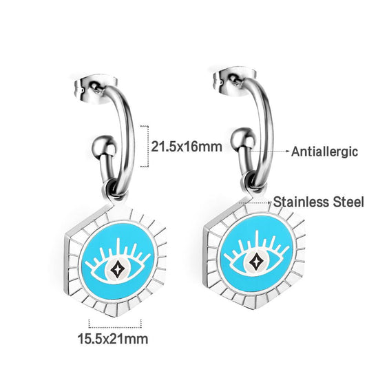 Vintage Hexagon Blue Evil Eye Dangle Hoop Earrings Women Gold Color Stainless Steel Minimalist Turkey Cute Lady Huggie
