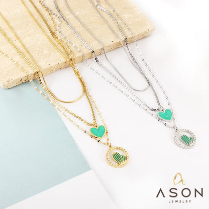 ASON Trendy Heart Cactus Accessories Multi-layer Chain Pendant Necklace Gold Color Stainless Steel For Women Jewelry Choker