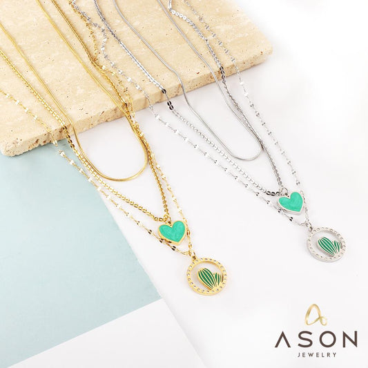 ASON Trendy Heart Cactus Accessories Multi-layer Chain Pendant Necklace Gold Color Stainless Steel For Women Jewelry Choker