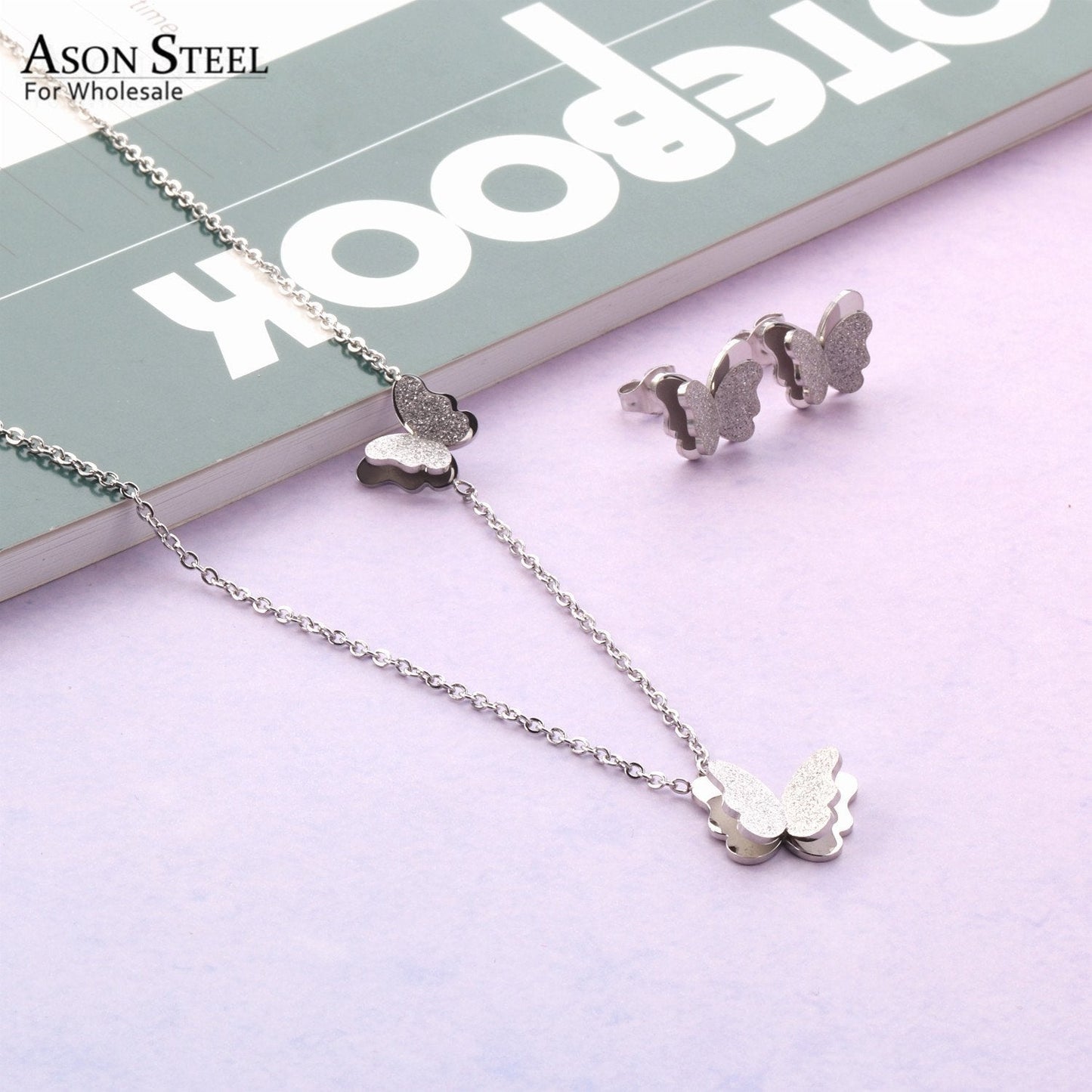 ASON Stylish Frosted Butterfly Pendant Necklace and Stud Earrings Set Stainless Steel Jewelry Set for Women Daily Wear