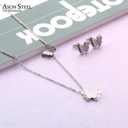 ASON Stylish Frosted Butterfly Pendant Necklace and Stud Earrings Set Stainless Steel Jewelry Set for Women Daily Wear