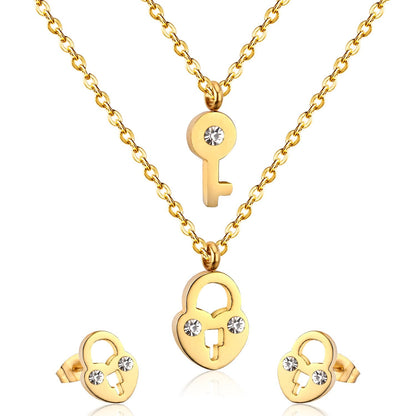New Heart Lock With Key Earrings Pendant Necklace Sets Stainless Steel Wedding Jewellry Party Gift parures bijoux