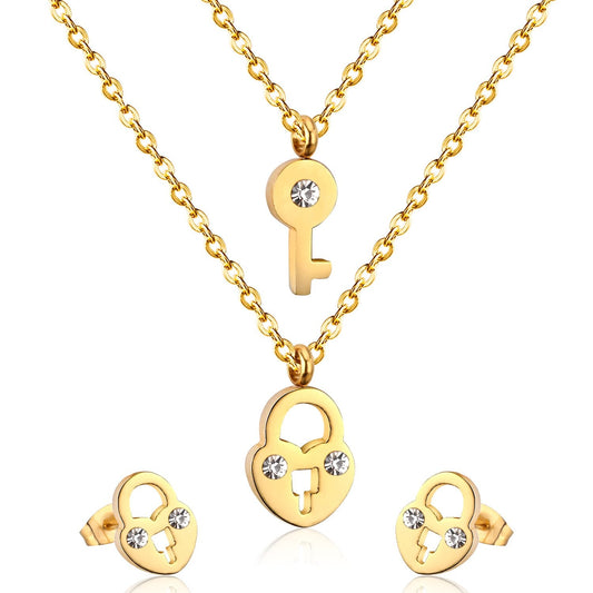New Heart Lock With Key Earrings Pendant Necklace Sets Stainless Steel Wedding Jewellry Party Gift parures bijoux