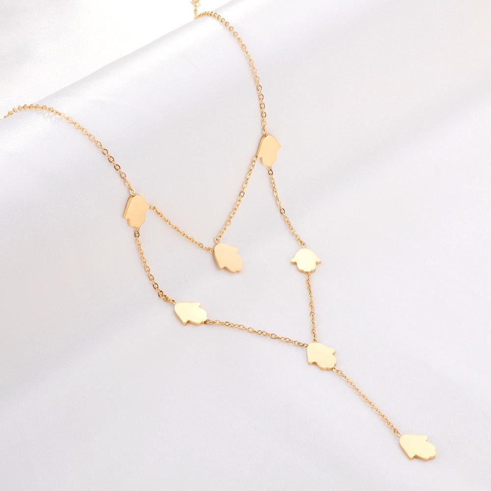 Hamsa Hand Charms Double Layer V Neck Pendant Necklace For Woman Stainless Steel Collier New 2022 Boho Fashion