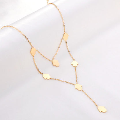 Hamsa Hand Charms Double Layer V Neck Pendant Necklace For Woman Stainless Steel Collier New 2022 Boho Fashion