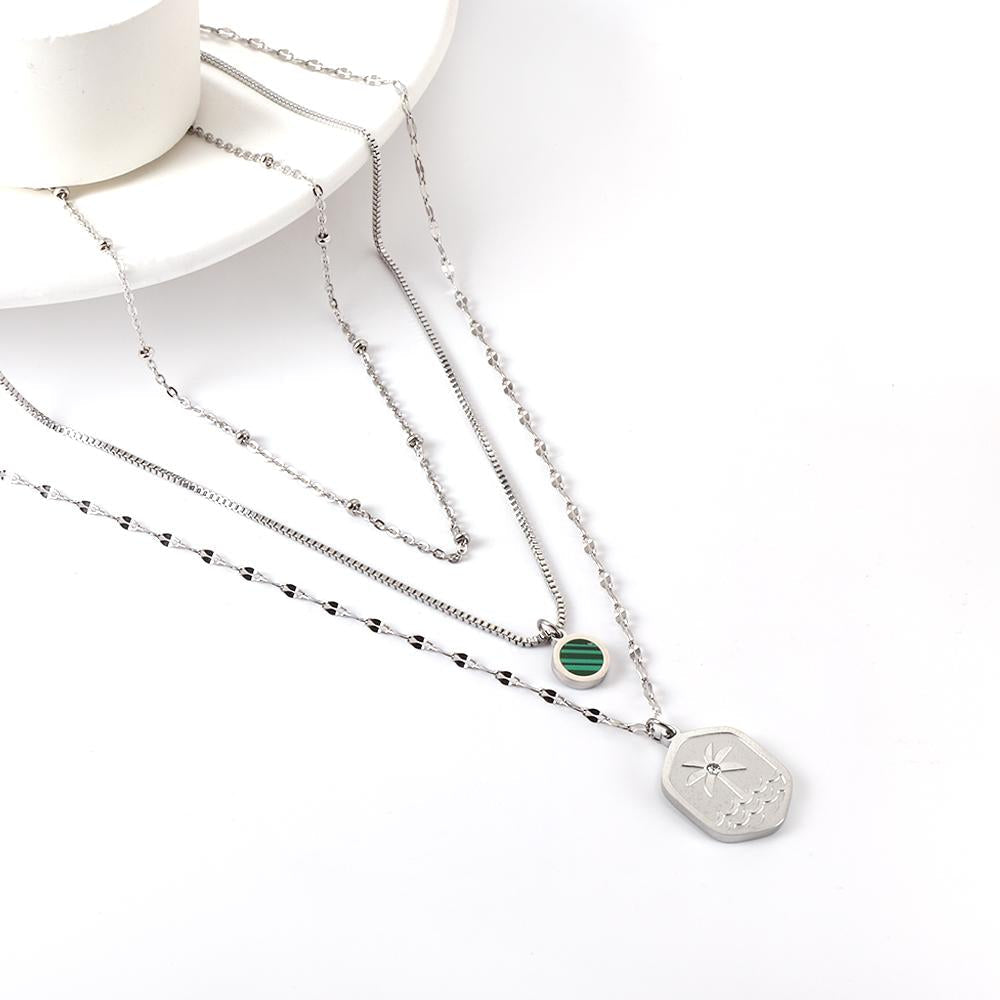 ASON Trendy Hexagon Charm Green Shell Accessories Multi-layer Chain Pendant Necklace Stainless Steel For Women Jewelry Boho