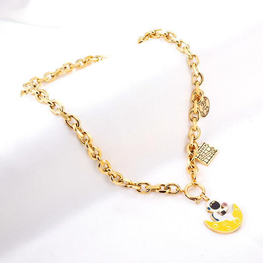 Cute Yellow Astronaut Charms Pendant Necklace For Kids Man Thick Cuban Chains With Geometric Charms Link Chains