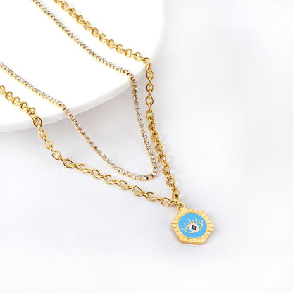ASON Trendy Hexagon Blue Evil Eye Charm Pendant Necklace Gold Color Stainless Steel For Women Jewelry Chokers Boho Party