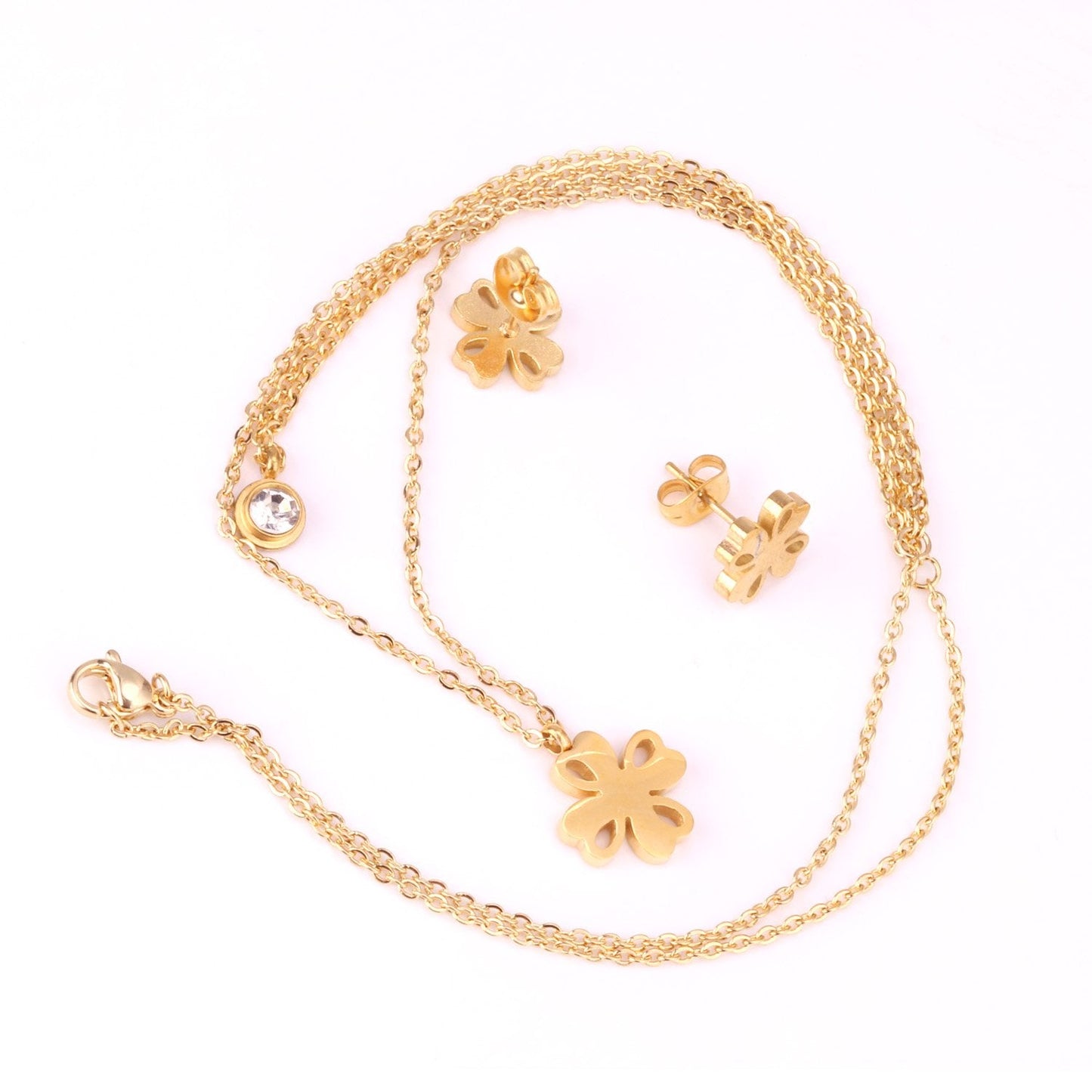 Flower Pendant Chain Crystal Gold Stainless Steel Double Necklace Stud Earrings Sets For Women  African Jewelry Set