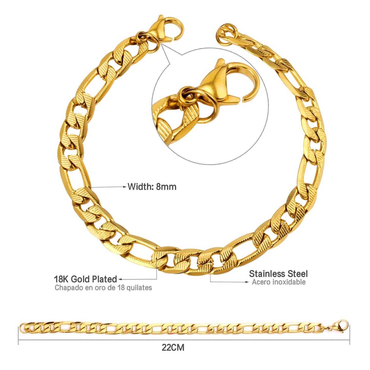 ASON 8mm Stainless Steel Chain Gold Color Cuban Link Bracelet Bangle for Men Women Party Gift Wholesale Fashion Jewelry