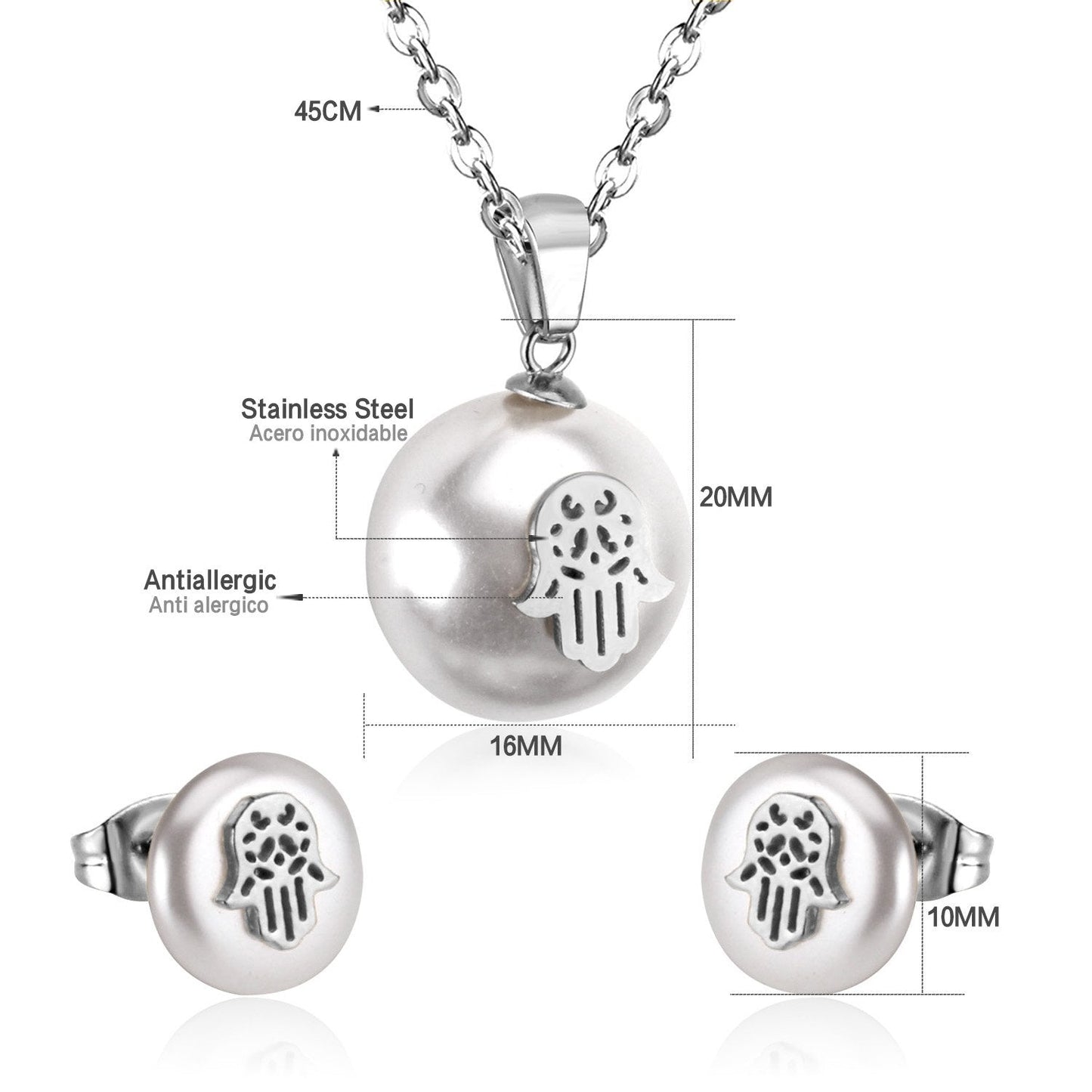 Hand Fake Pearl Wedding Dubai Jewelry sets Stainless Steel Women Small Stud Earring Necklace Jewelry sets