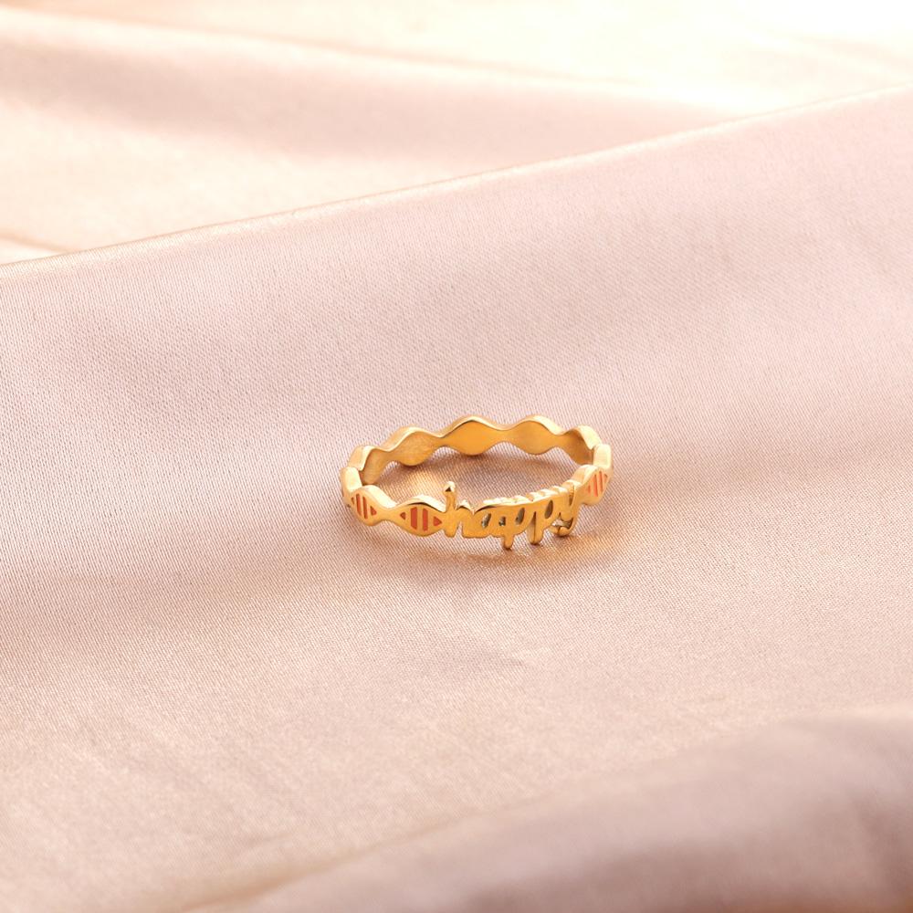 ASON Gold Color Trendy Stainless Steel HAPPY Letter Shape Ring For Women Party Gift Fashion Jewelry Accessory Daily Wear