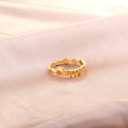 ASON Gold Color Trendy Stainless Steel HAPPY Letter Shape Ring For Women Party Gift Fashion Jewelry Accessory Daily Wear