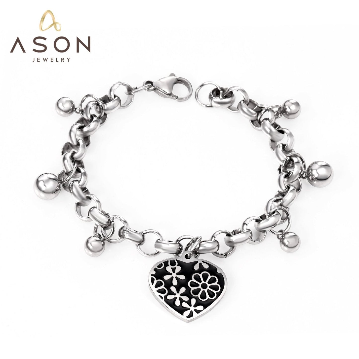 ASON Silver Color 316L Stainless Steel Bangle Heart Pendant Bracelet with Steel Ball Charm for Women Jewelry Party Gift