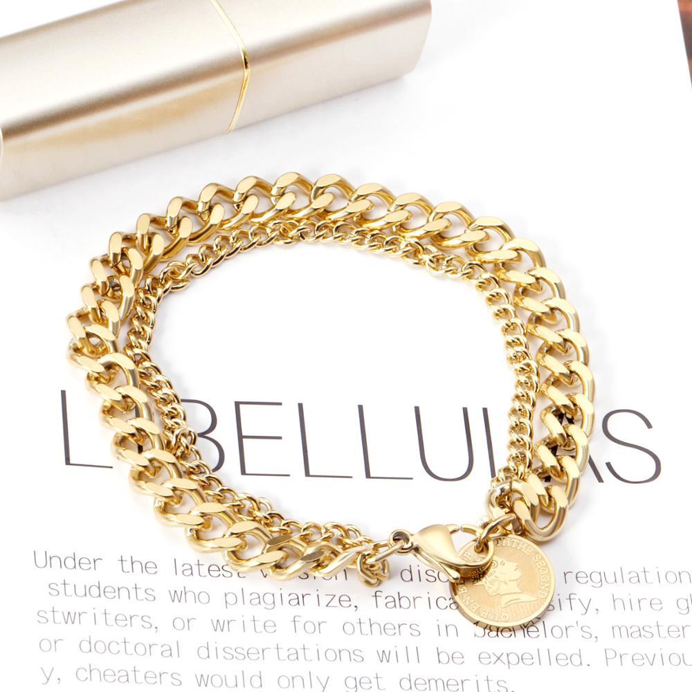 ASON Fashion 316L Stainless Steel Double Chain Bracelet with Coin Cuban Link Chain Bangles Unisex Wrist Jewelry
