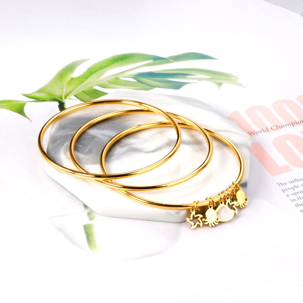 ASON 3pcs/Set Hollow Star Shell Charm Bracelets 60mm Gold Color Stainless Steel Bangles for Women Fashion Jewelry Accessory