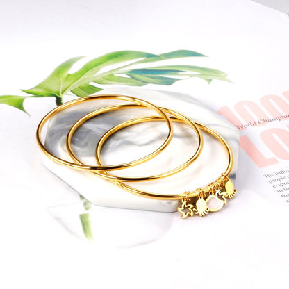 ASON 3pcs/Set Hollow Star Shell Charm Bracelets 60mm Gold Color Stainless Steel Bangles for Women Fashion Jewelry Accessory