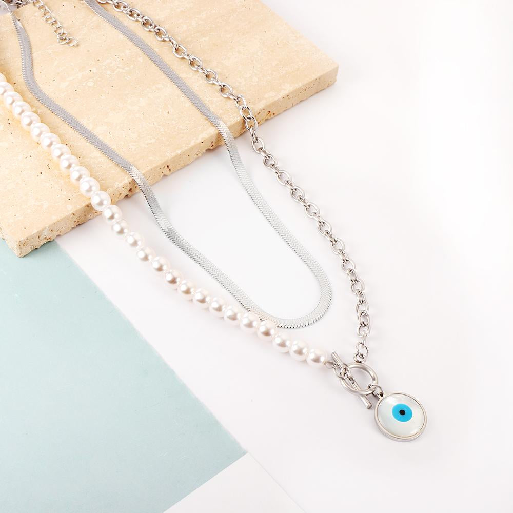 Fashion Shell Evil Eye Pendant Necklace Snake Pearl Double Chain For Women Stainless Steel Turkish Wedding Party Gifts