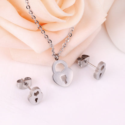 Heart Shape Lock Stainless Steel Silver Color Necklaces Earrings Sets For Ladies Party Jewelry Set pendientes mujer