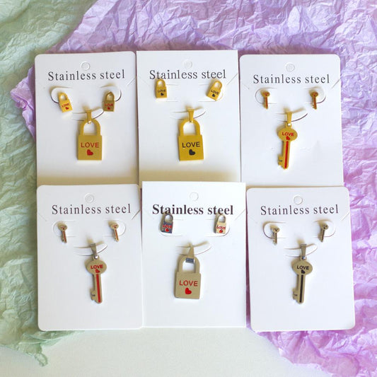 Couple Statement Jewelry Sets Lock Design Love Gifts For Friends Matching Sets Keys And Lock Necklace And Pendients