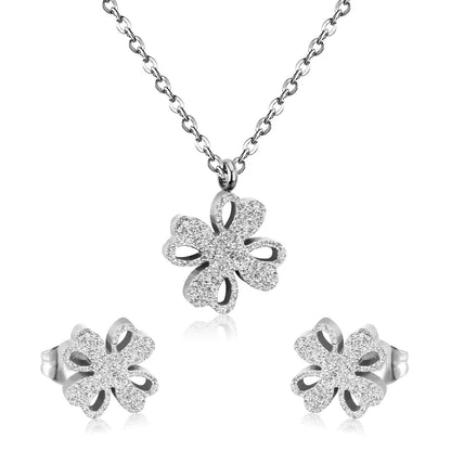 ASON Frosted Flower Chain Pendant Necklace Piercing Earrings Gold Color Stainless Steel for Women Jewelry Sets Fashion