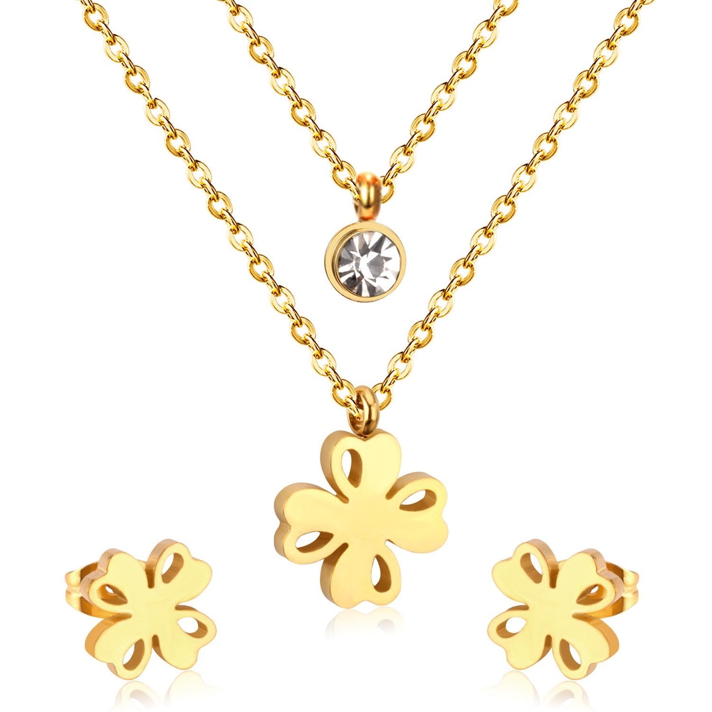 Flower Pendant Chain Crystal Gold Stainless Steel Double Necklace Stud Earrings Sets For Women  African Jewelry Set