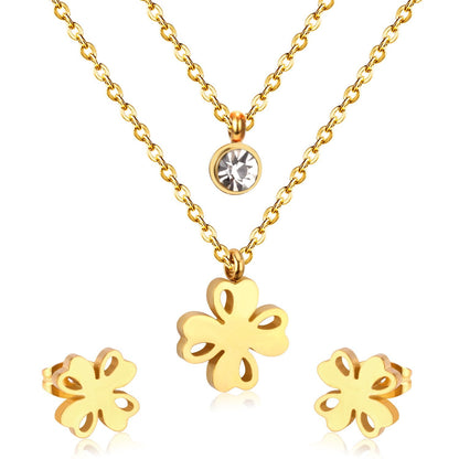Flower Pendant Chain Crystal Gold Stainless Steel Double Necklace Stud Earrings Sets For Women  African Jewelry Set
