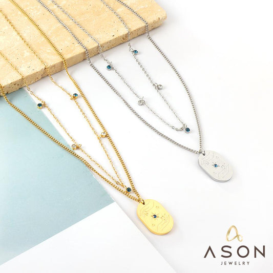 ASON Vintage Oval Charm Blue Cubic Zirconia Multi-layer Chains Pendant Necklace Gold Color Stainless Steel For Women Choker