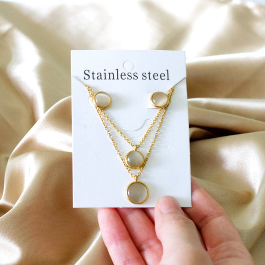 Fashion Elegant Luxury Double Chain Stainless Steel Necklaces Earrings Sets For Ladies Wedding Jewellry pendientes