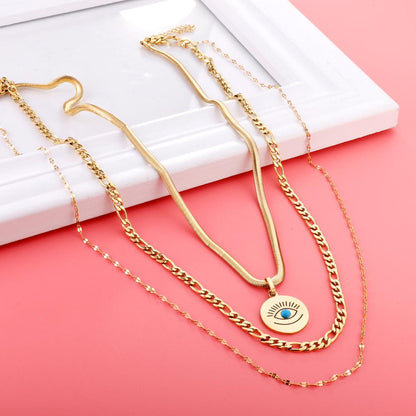 Vintage Multilayer Necklace For Women Stainless Steel Blue Evil Eyes Pendant Snake Figaro Chain Choker Y2k Jewelry