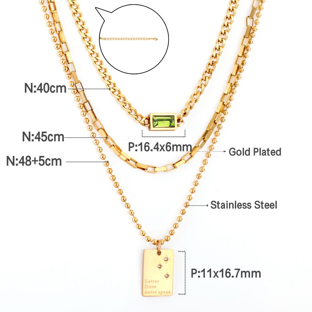Statement Necklace No Fade Gold Color Stainless Steel Square Crystal Pendant Necklace Women Hiphop Layer Necklaces