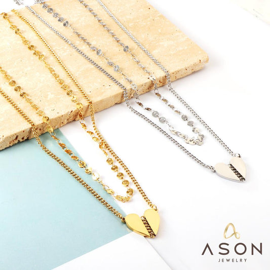 ASON Vintage Heart Shape Charm Multi-layer Chains Pendant Necklace Gold Color Stainless Steel For Women Jewelry Chokers