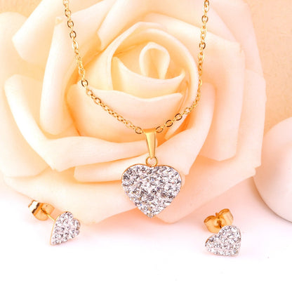 ASON Love's Heart Cubic Zirconia Pendant Necklace Earring Fashion Party Wedding Accessories Stainless Steel Necklaces