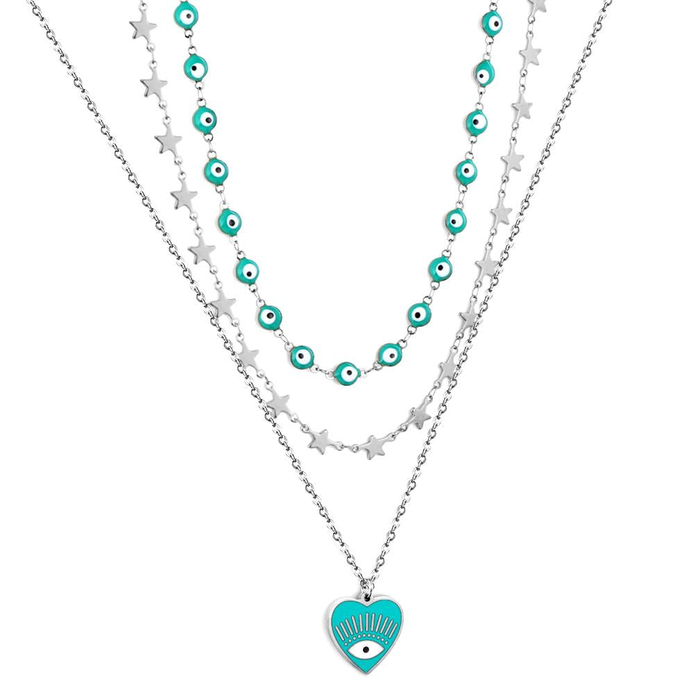 Multi Layered Chain Choker Necklace For Women Heart Shape Green Evil Eyes Stars Pendant Stainless Steel Jewelry Gifts
