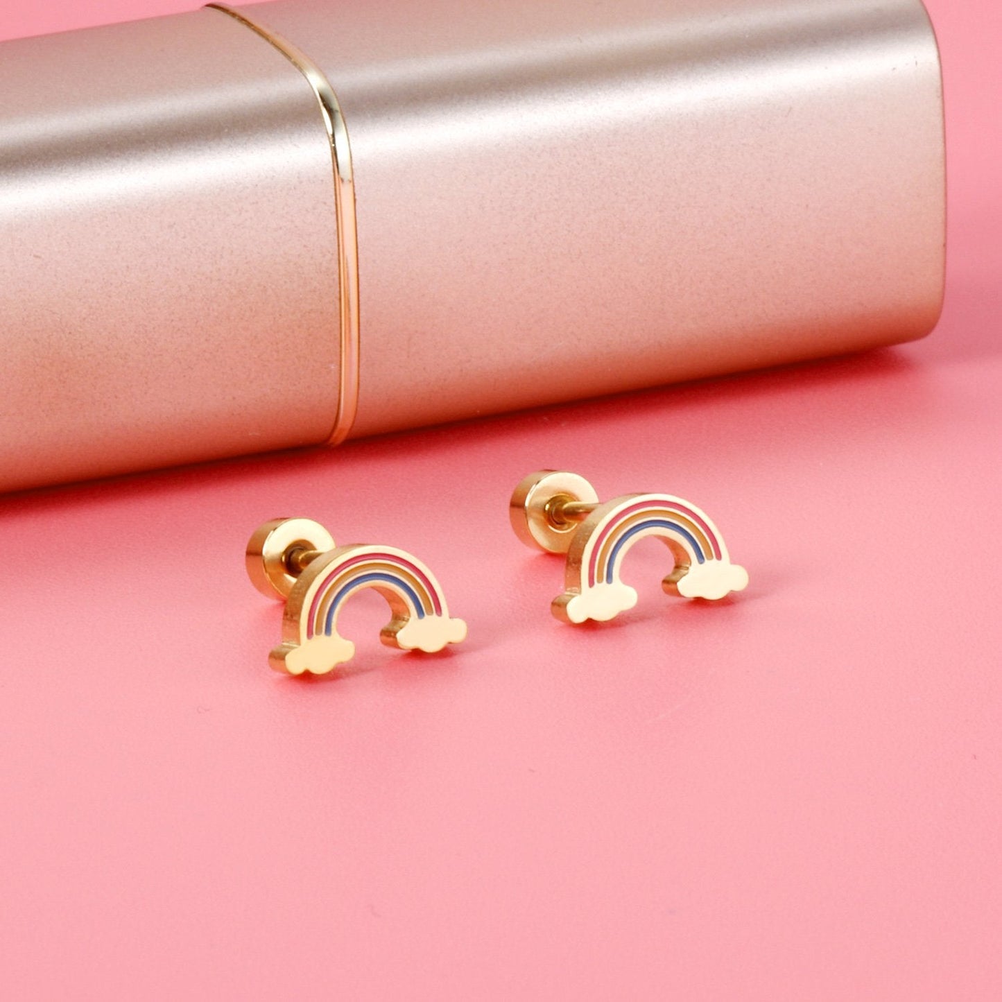 ASON Cute Strawberry Cloud Rainbow Stud Earrings Children's Earrings Stainless Steel Fashion Jewelry for Girl Women