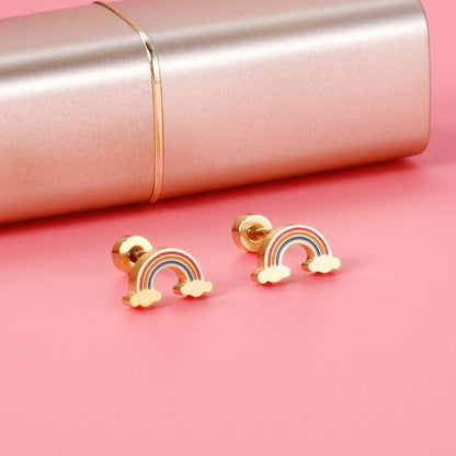 ASON Cute Strawberry Cloud Rainbow Stud Earrings Children's Earrings Stainless Steel Fashion Jewelry for Girl Women