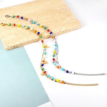ASON Trendy Mixed Color Beads Moon And Star Accessories Multi-layer Chains Anklet Gold Color Stainless Steel For Women Gift