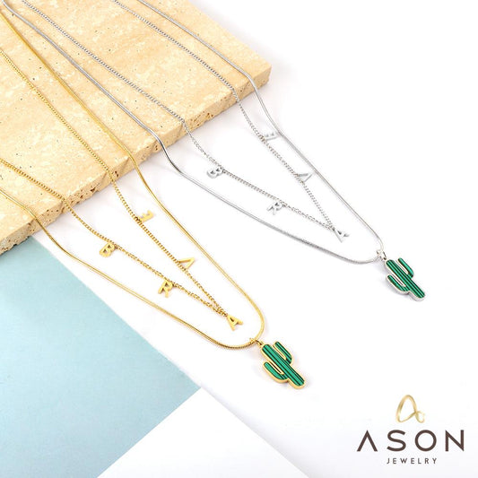 ASON Vintage Cactus Charm Letters Accessories Multi-layer Chain Pendant Necklace Gold Color Stainless Steel For Women Party