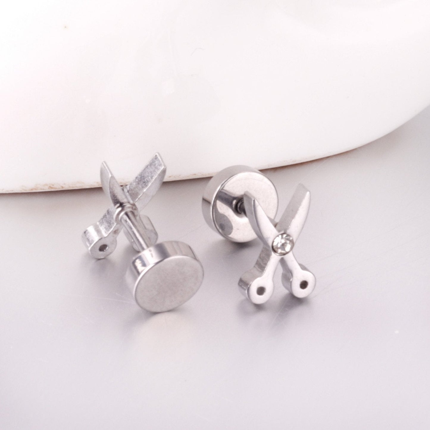 ASON Gold Color AAA CZ Scissors Screw Piercing Stud Earring Set for Women Cool Jewelry Stainless Steel Crystal Earring