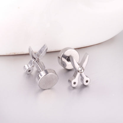 ASON Gold Color AAA CZ Scissors Screw Piercing Stud Earring Set for Women Cool Jewelry Stainless Steel Crystal Earring