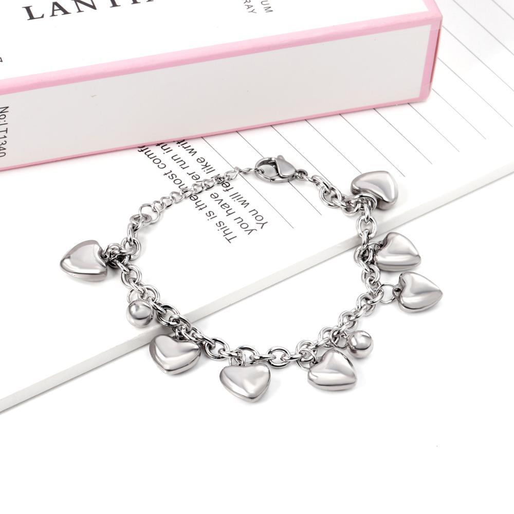 ASON Lovely Heart Bracelet with Steel Ball Charm Stainless Steel Bangle Silver Color Accessories for Women Girl Jewelry