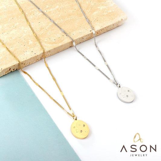 ASON Classic Round Tag Stars Moon Pattern Charm Pendant Necklace Gold Color Stainless Steel For Women Men Jewelry Chokers