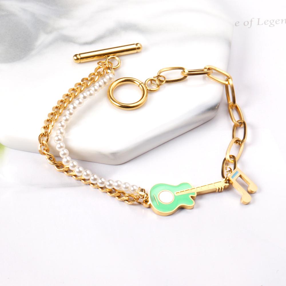 ASON Trendy Musical Notes and Guitar Charm Bracelet Gold Color Stainless Steel Bangle 18cm for Women Men Party Gift Jewelry