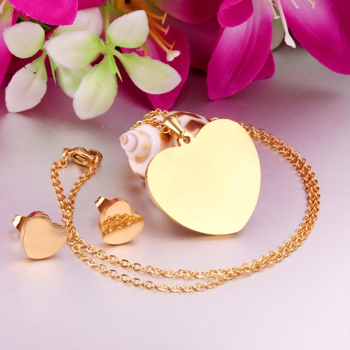 Heart Earrings Pendant Chain Necklace Jewelry Set For Women Girls Gold/Steel Wedding Dubai African Jewellery Sets