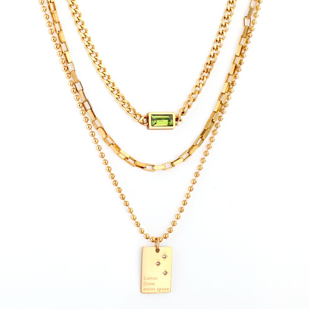 Green Square Shiny Zirconia Necklace Triple Multi-layer Square Pendant Necklace For Woman Mix Chains Thick Collier