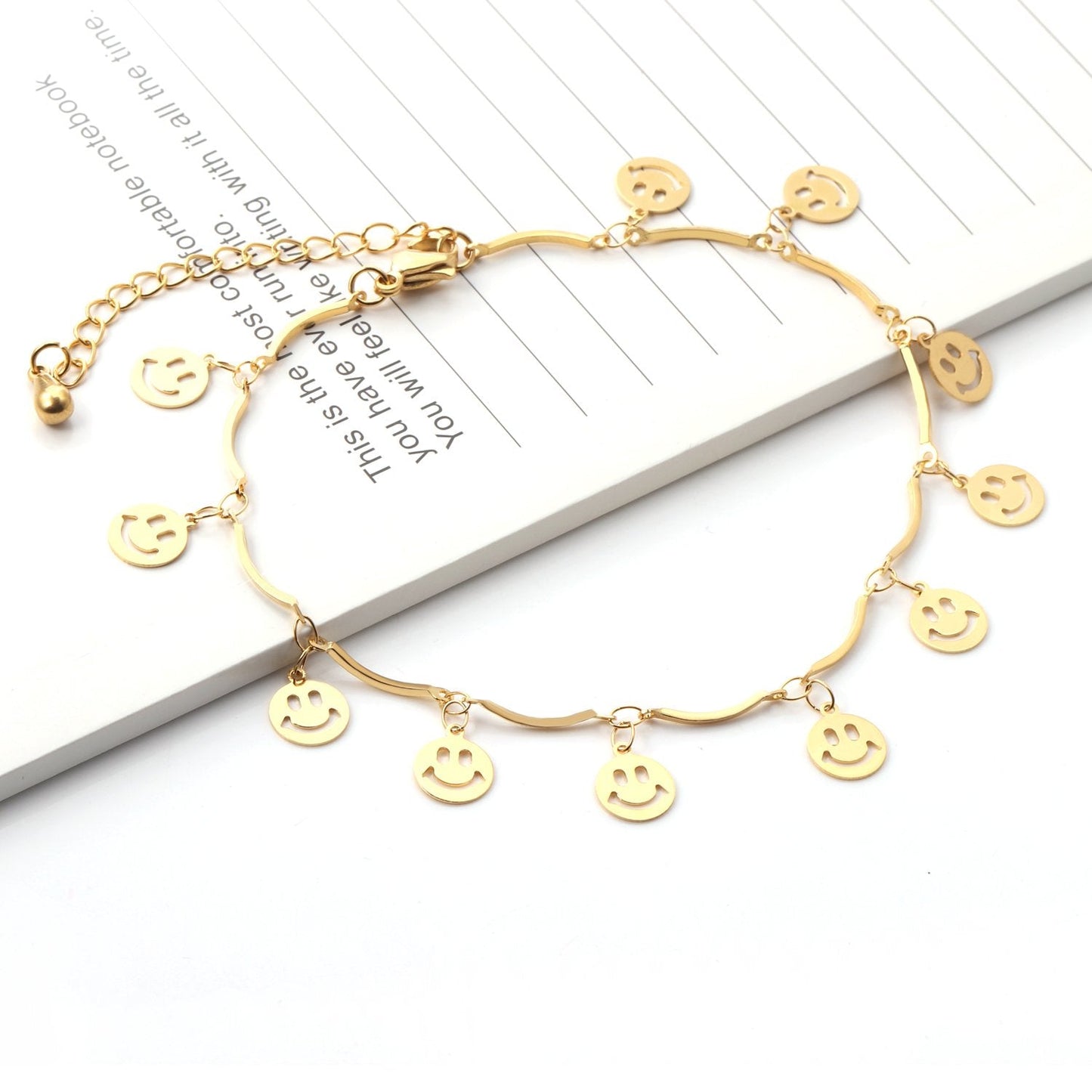 ASON Sweet Barefoot Smiley Face Anklet Chain Stainless Steel Gold Color for Women Gift Foot Chain Accessories Jewelry