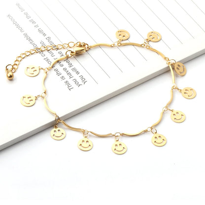 ASON Sweet Barefoot Smiley Face Anklet Chain Stainless Steel Gold Color for Women Gift Foot Chain Accessories Jewelry